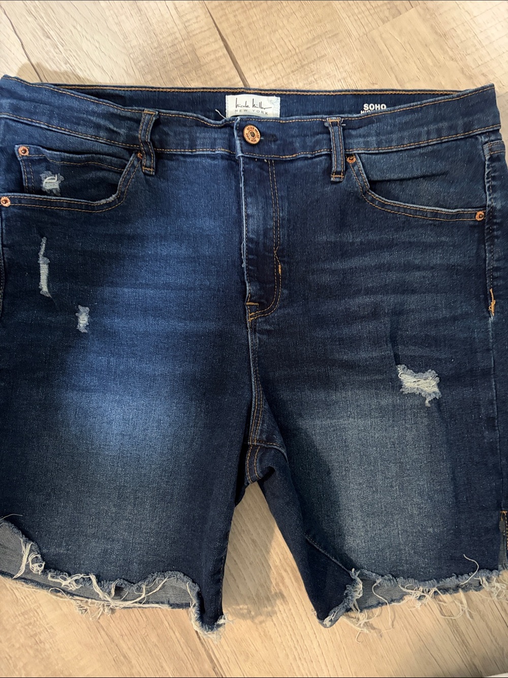 Nicole Miller Dark Indigo Distressed Denim Shorts